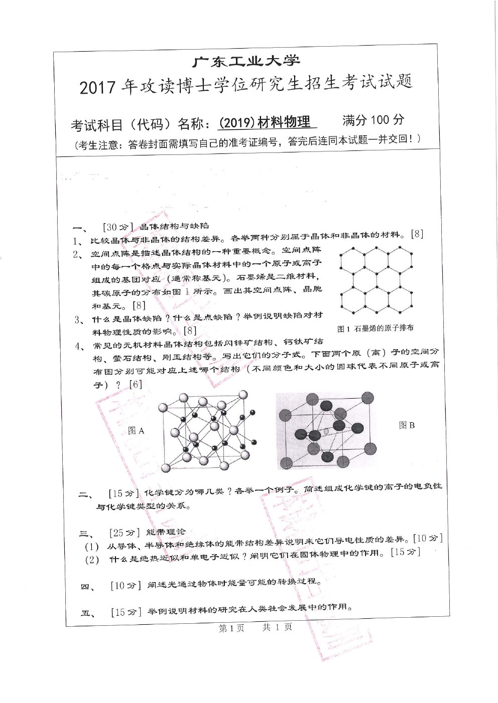 广东工业大学2017年博士招生物理学院材料物理考博真题