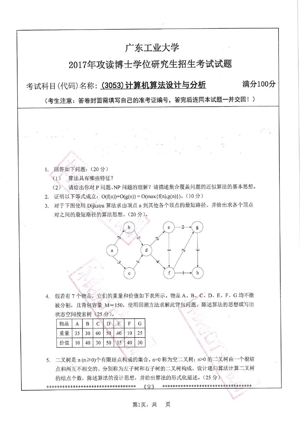 广东工业大学2017年博士招生计算机算法与设计分析考博真题